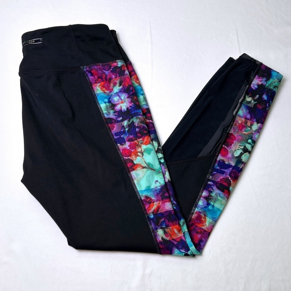 Athleta Women Floral Stripe Mesh Panel Athletic Leggings SIze L Black Multicolor
